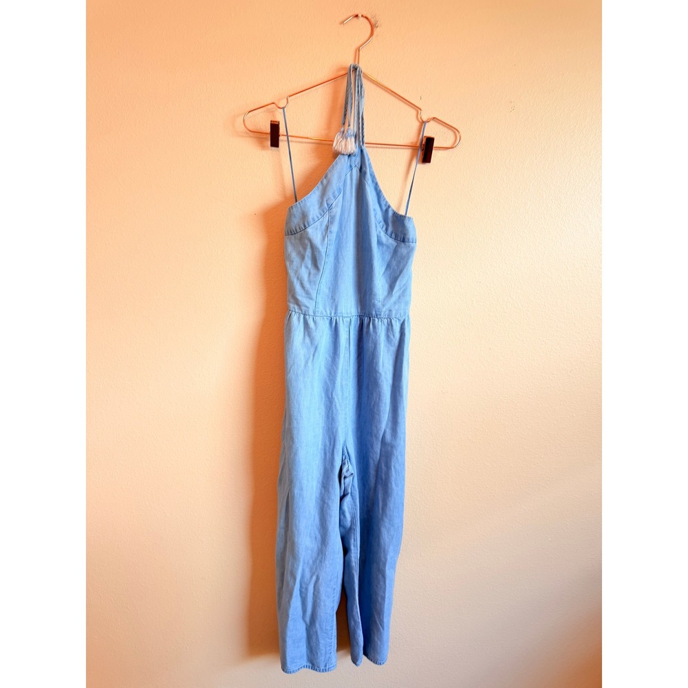 Aeropostale Jumpsuit Women XS Light Blue Chambray Halter Wide Leg Cropped Tassel - Picture 7 of 10